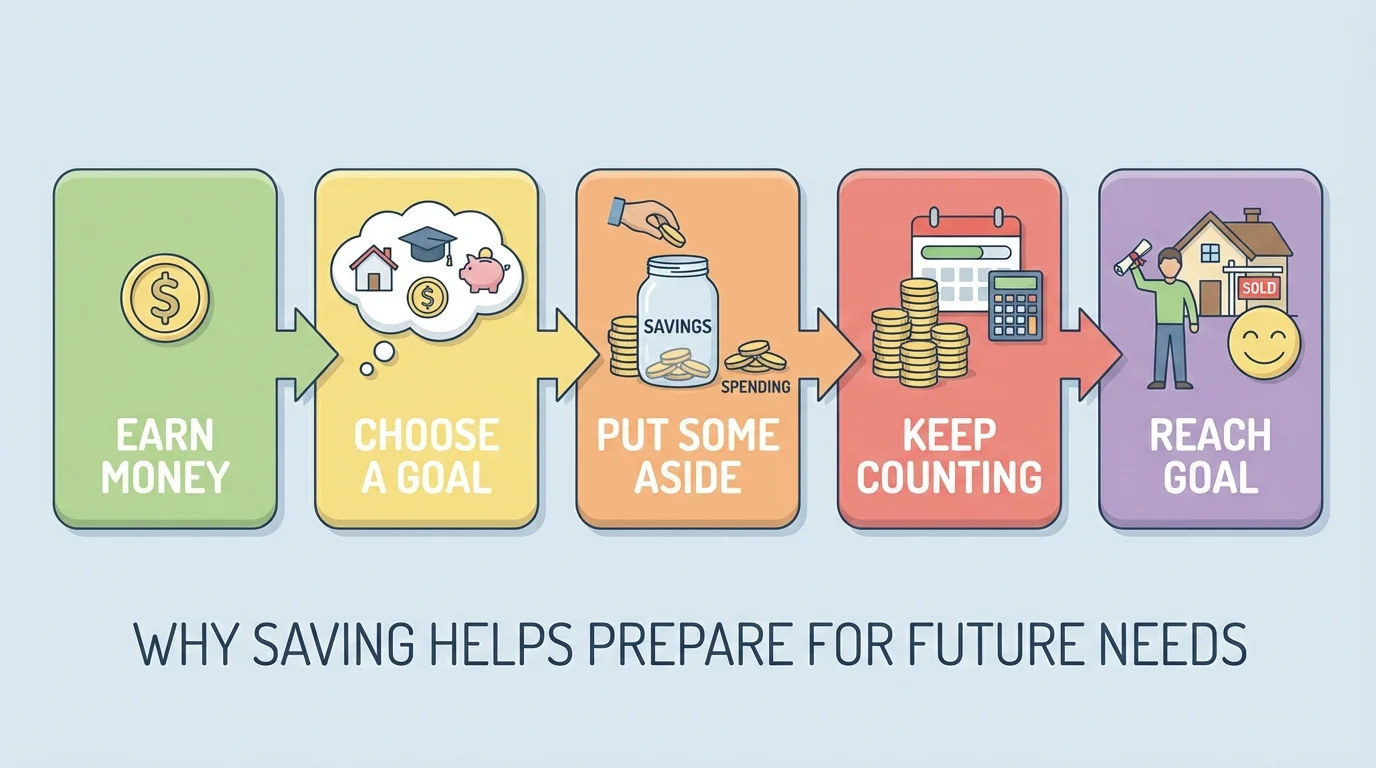 simple saving flowchart with boxes labeled earn money, choose a goal, put some aside, keep counting, reach goal
