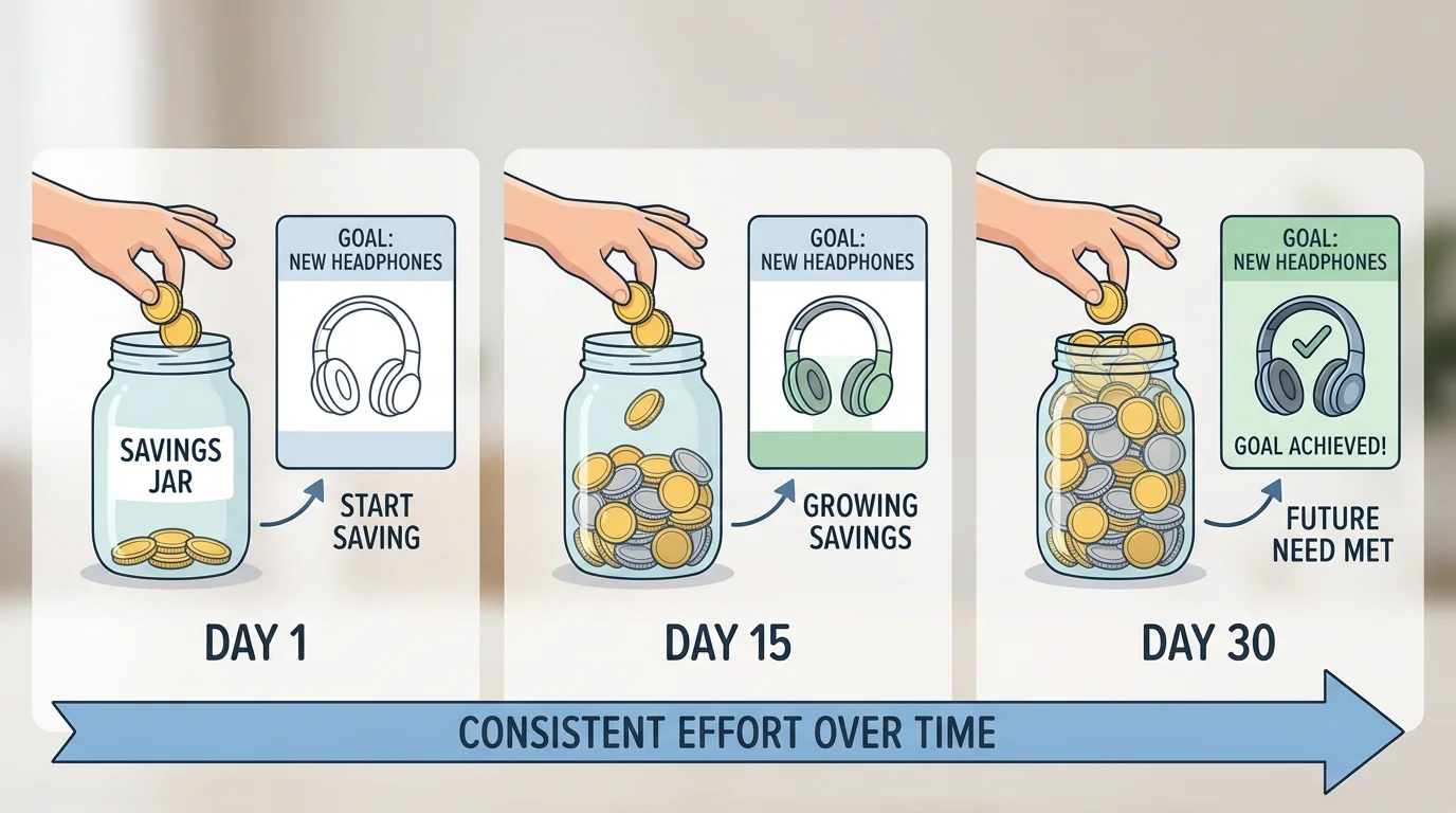 child placing coins into a jar over several days while a goal card says new headphones, with the jar slowly filling up