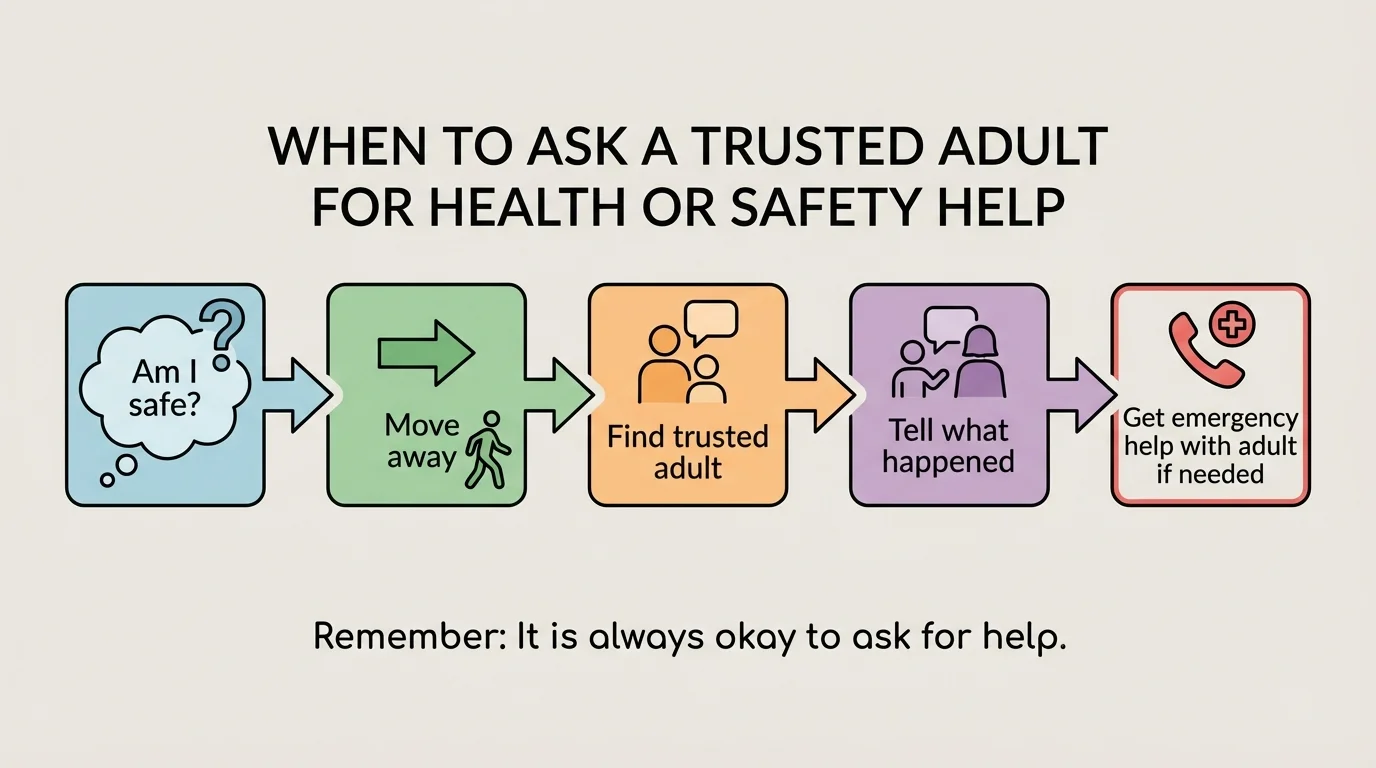simple child-friendly decision flow with boxes reading Am I safe, Move away, Find trusted adult, Tell what happened, Get emergency help with adult if needed