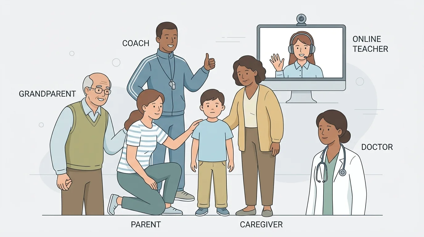 child standing with labeled trusted adults around them, including parent, grandparent, caregiver, doctor, coach, and online teacher shown on a computer screen