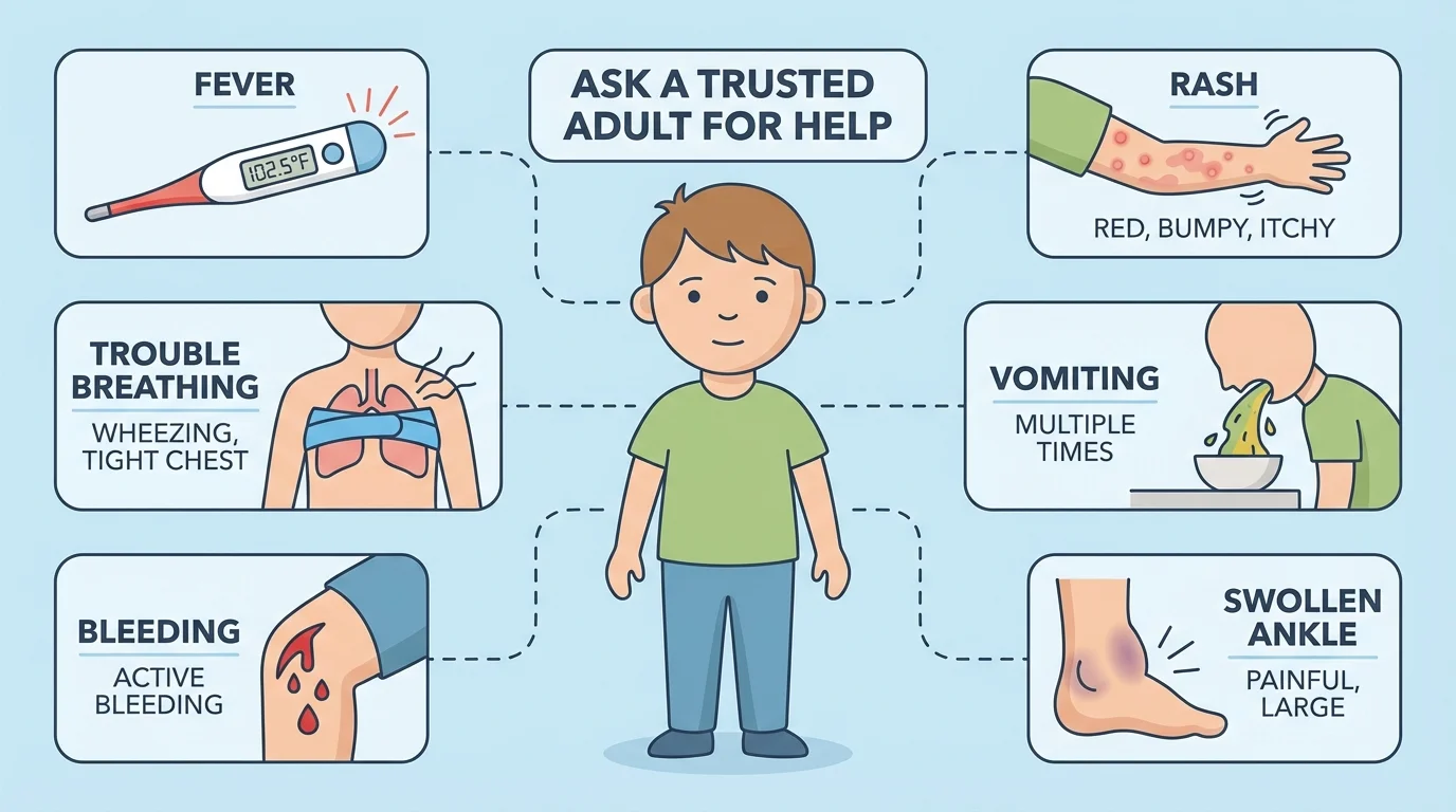 child with simple health warning icons around them, including fever thermometer, trouble breathing chest symbol, bleeding knee, rash on arm, vomiting symbol, and swollen ankle
