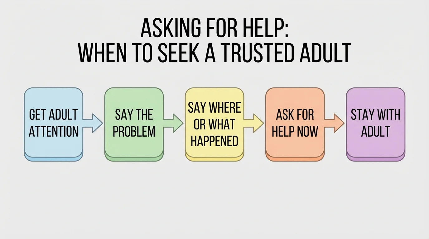 speaking script with boxes and arrows reading Get adult attention, Say the problem, Say where or what happened, Ask for help now, Stay with adult