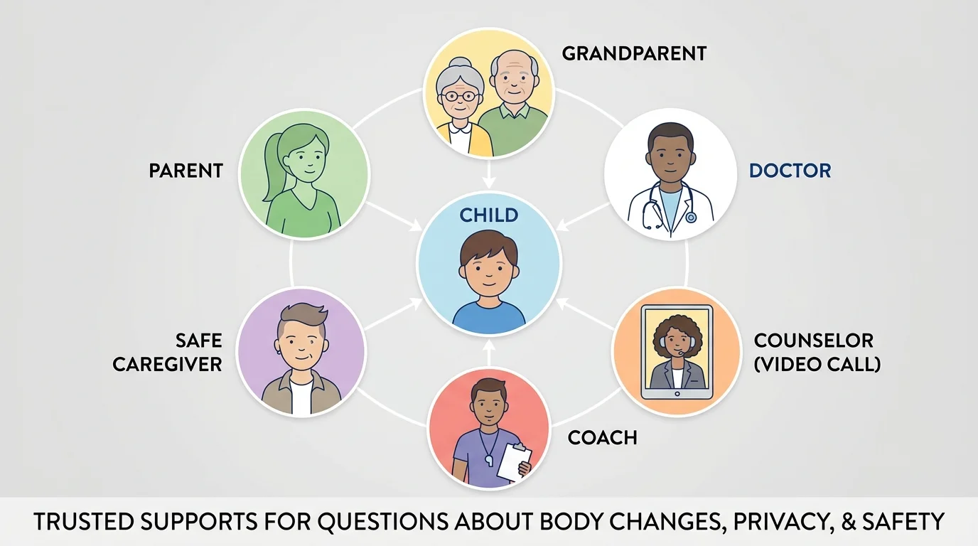 child at the center with trusted supports around them such as parent, grandparent, doctor, counselor on video call, coach, and another safe caregiver, each connected with simple lines