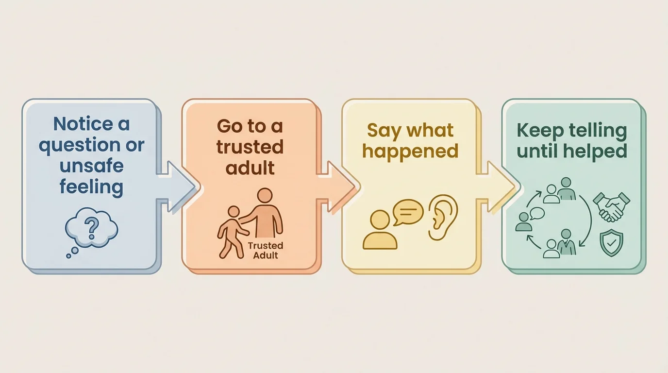 boxes with arrows showing Notice a question or unsafe feeling, Go to a trusted adult, Say what happened, Keep telling until helped