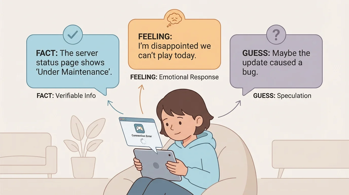 child looking at a tablet with chat bubbles showing one fact, one feeling, and one guess about a canceled online game meetup