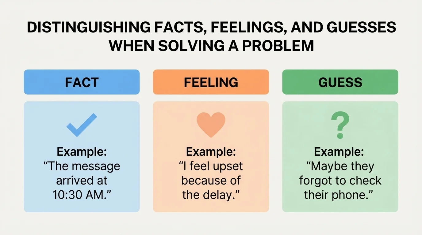 chart with three columns labeled Fact, Feeling, Guess and simple example sentences such as message arrived, I feel upset, maybe they forgot