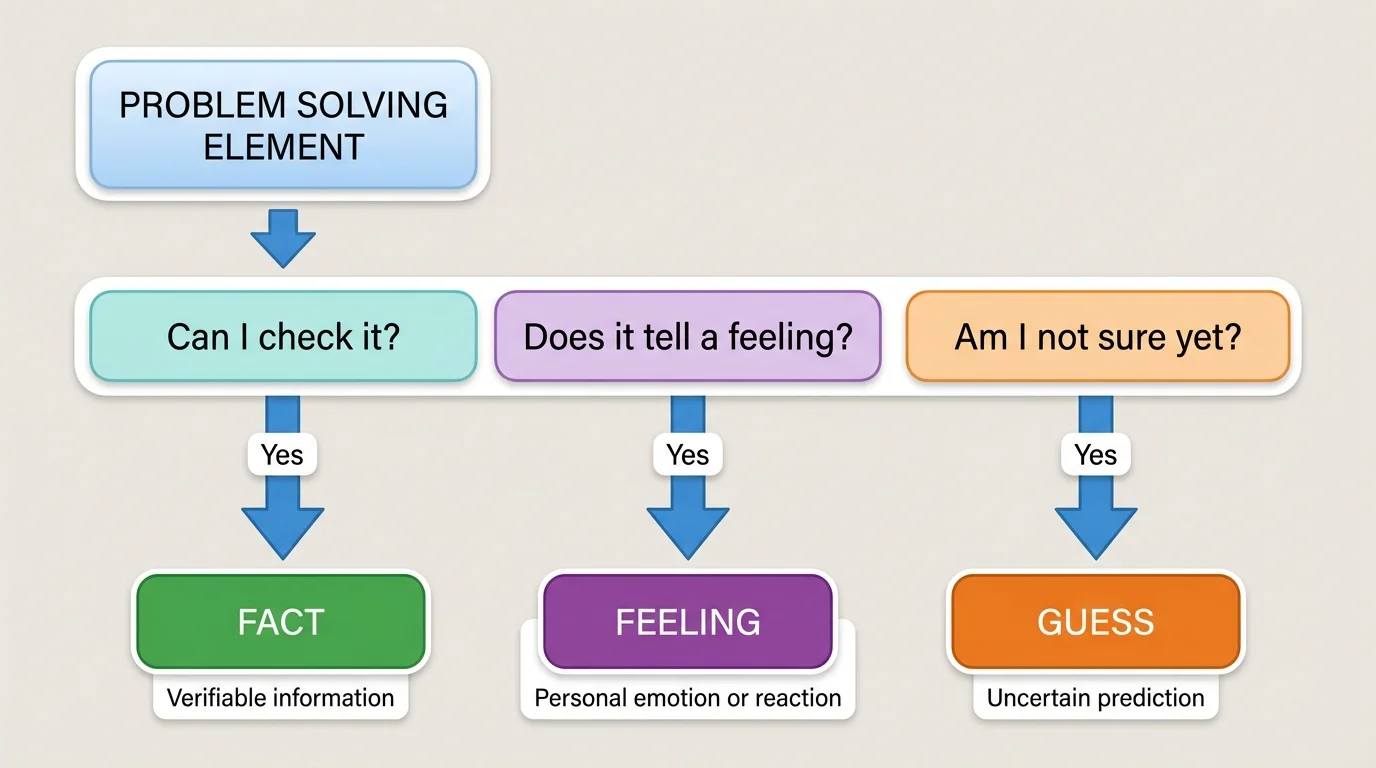 flowchart with questions Can I check it? Does it tell a feeling? Am I not sure yet? leading to Fact, Feeling, or Guess