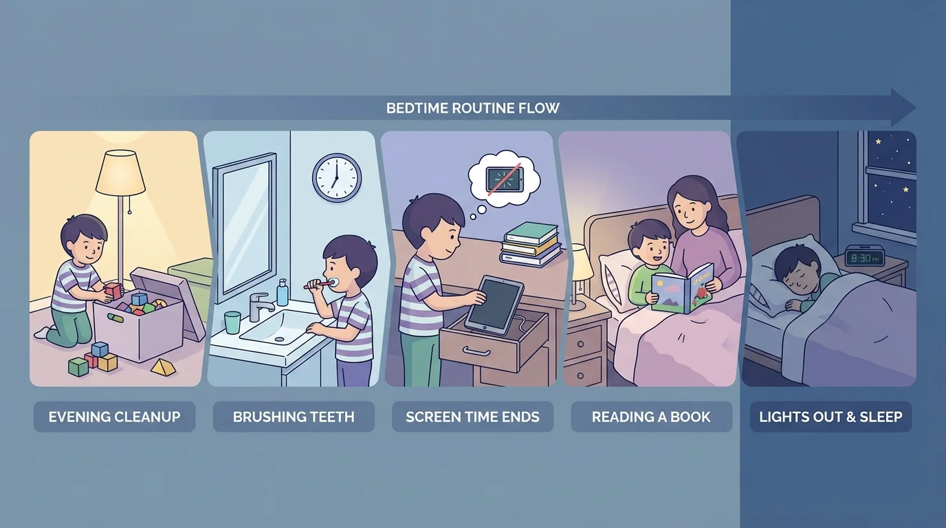 child-friendly bedtime routine sequence with evening cleanup, brushing teeth, putting away tablet, reading a book, and lights out