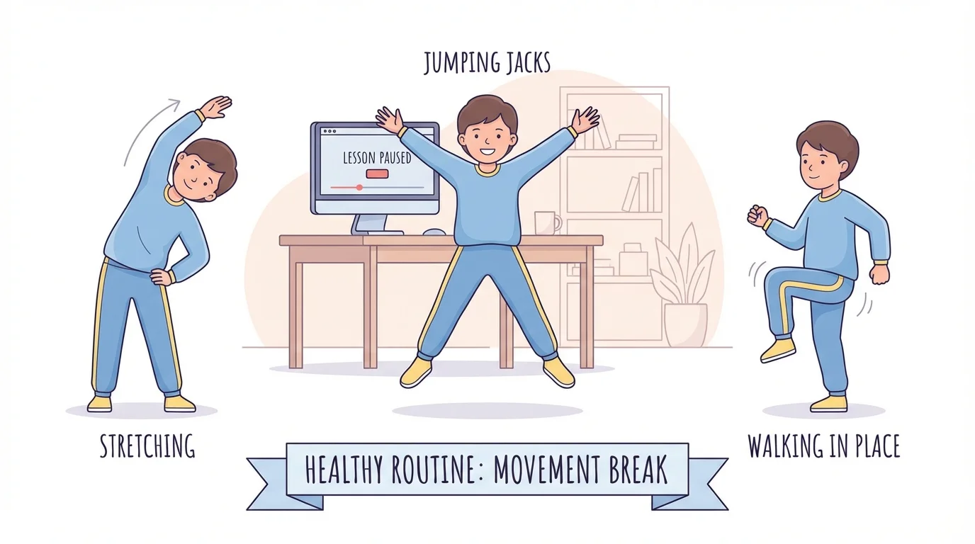 child at home between online lessons doing stretches, jumping jacks, and walking in place near a computer desk