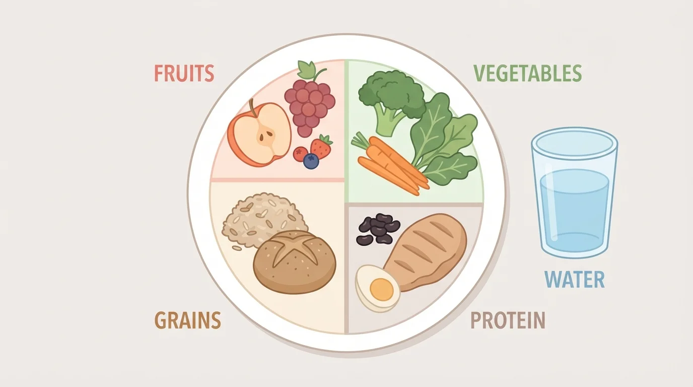 balanced meal plate divided into fruits and vegetables, grains, protein, and a cup or bottle of water beside it