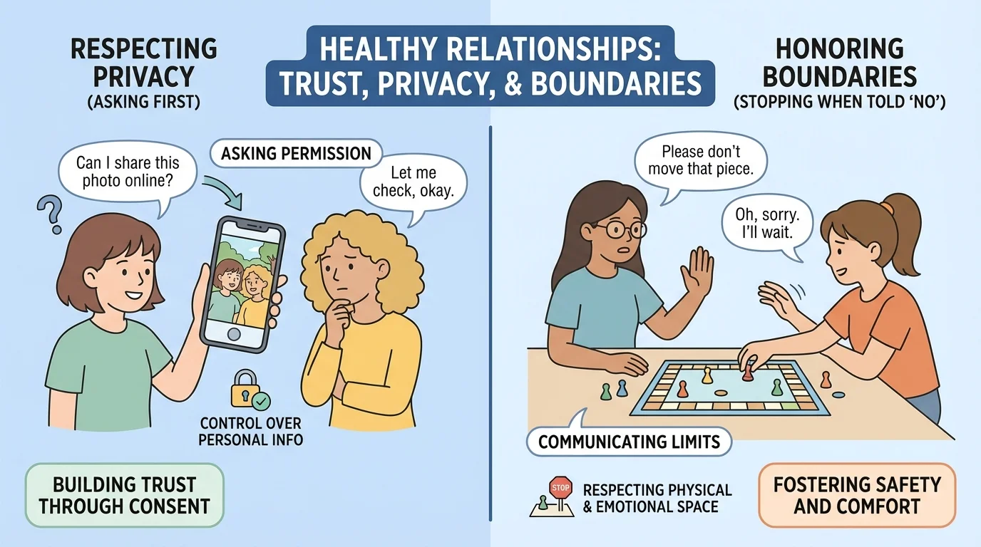 Split-scene illustration with one side showing a friend asking before sharing a photo and another side showing someone stopping when told no during a game
