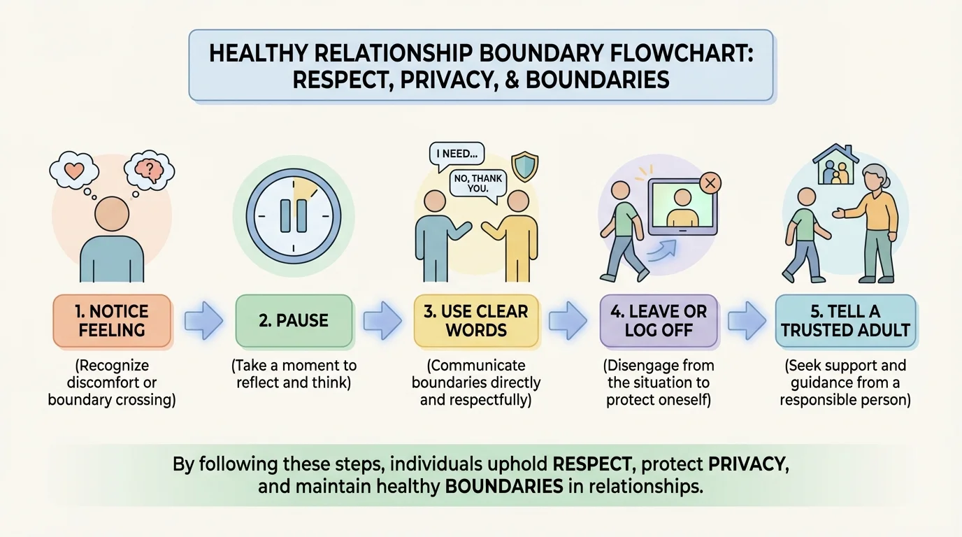 Simple flowchart showing notice feeling, pause, use clear words, leave or log off, tell a trusted adult