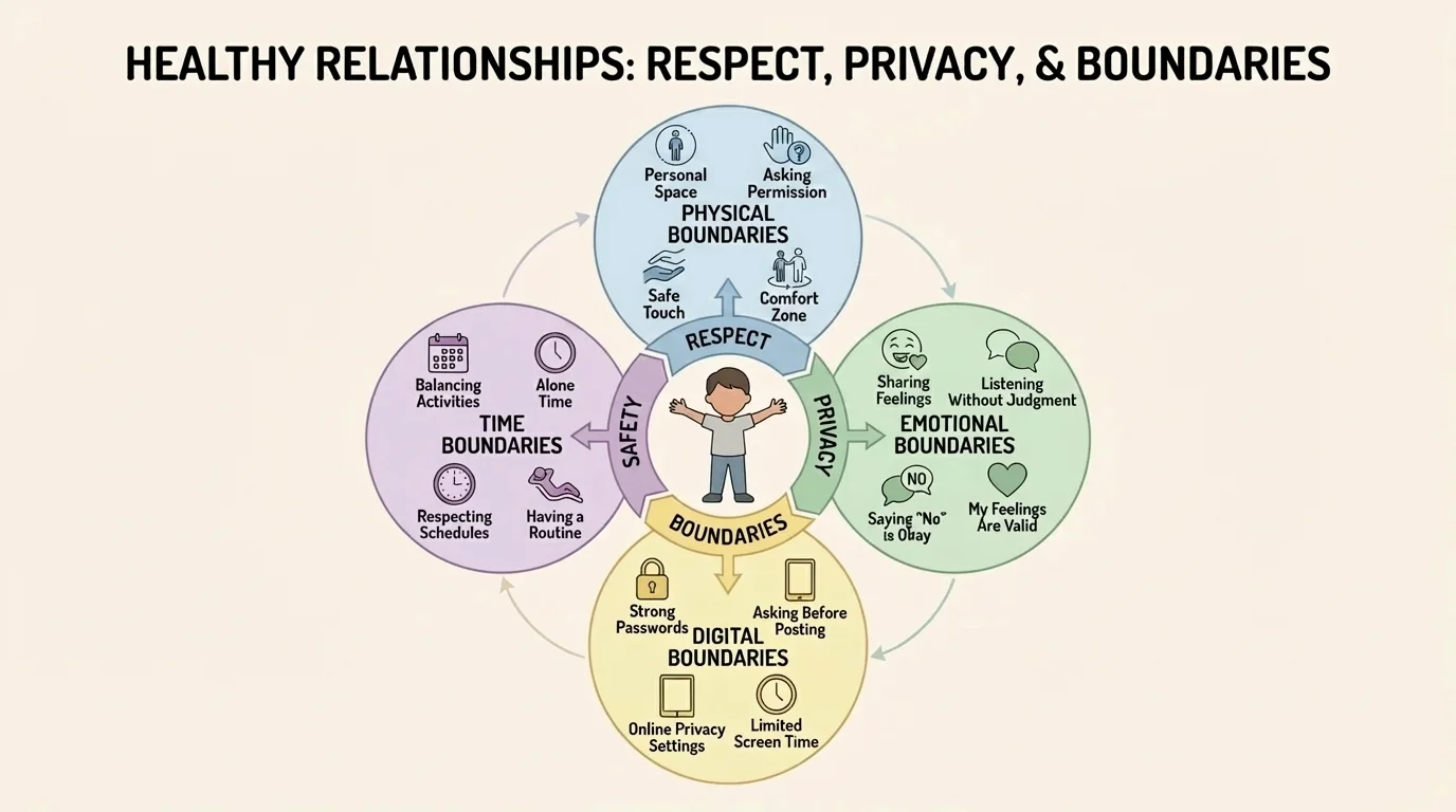 Child-centered diagram with four boundary circles labeled physical, emotional, digital, and time, with simple examples in each circle