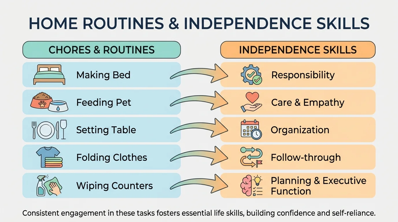 comparison chart showing chores such as making bed, feeding pet, setting table, folding clothes, and wiping counters, each matched with skills like responsibility, care, organization, and follow-through