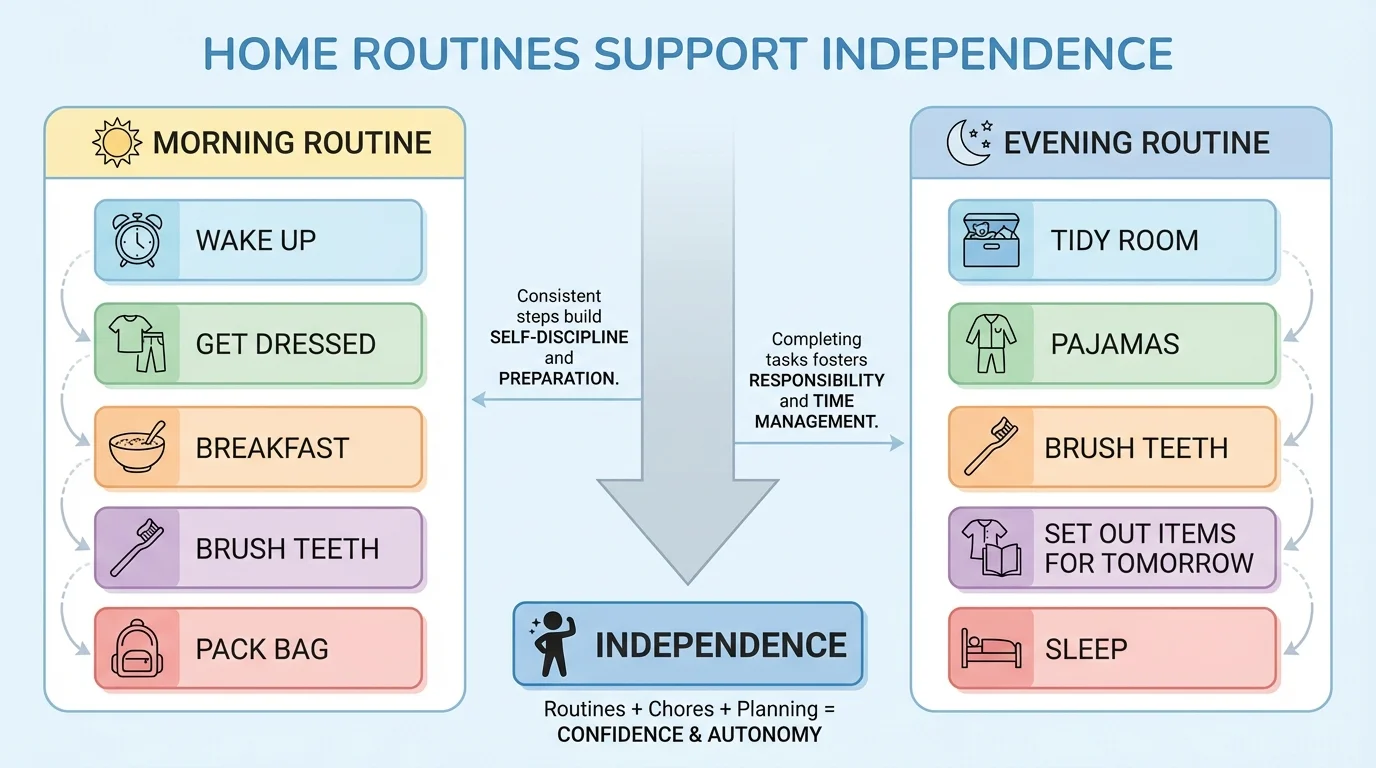 child-friendly routine chart with morning steps like wake up, get dressed, breakfast, brush teeth and evening steps like tidy room, pajamas, brush teeth, set out items for tomorrow, sleep