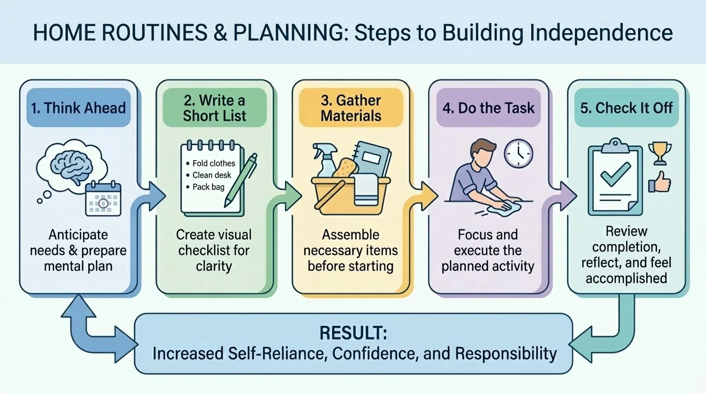 flowchart showing think ahead, write a short list, gather materials, do the task, check it off