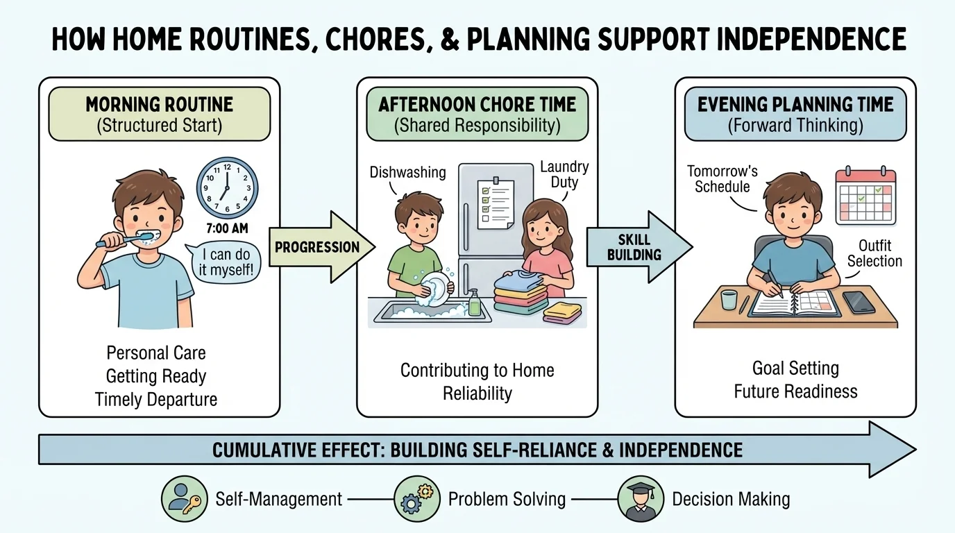illustrated daily schedule with morning routine, afternoon chore time, and evening planning time connected across one day