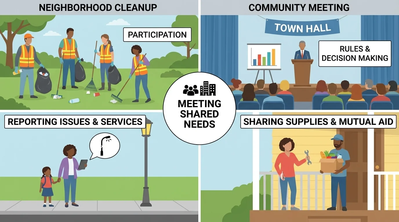 four-part scene showing a neighborhood cleanup, a family at a community meeting, a child with an adult reporting a broken streetlight online, and neighbors sharing supplies