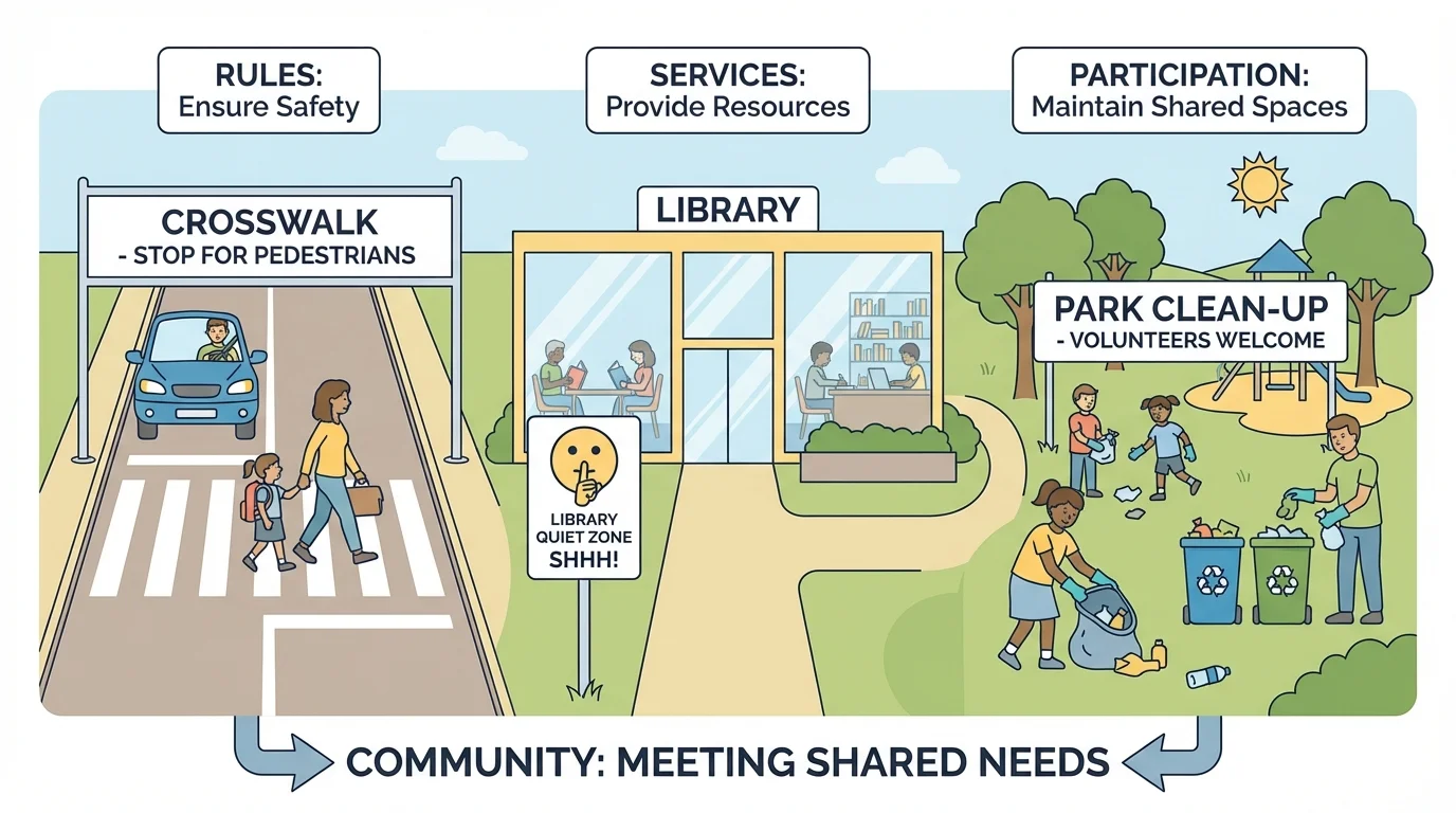 child-friendly community scene with a crosswalk, a park sign about cleaning up trash, and a library quiet sign, with people following each rule