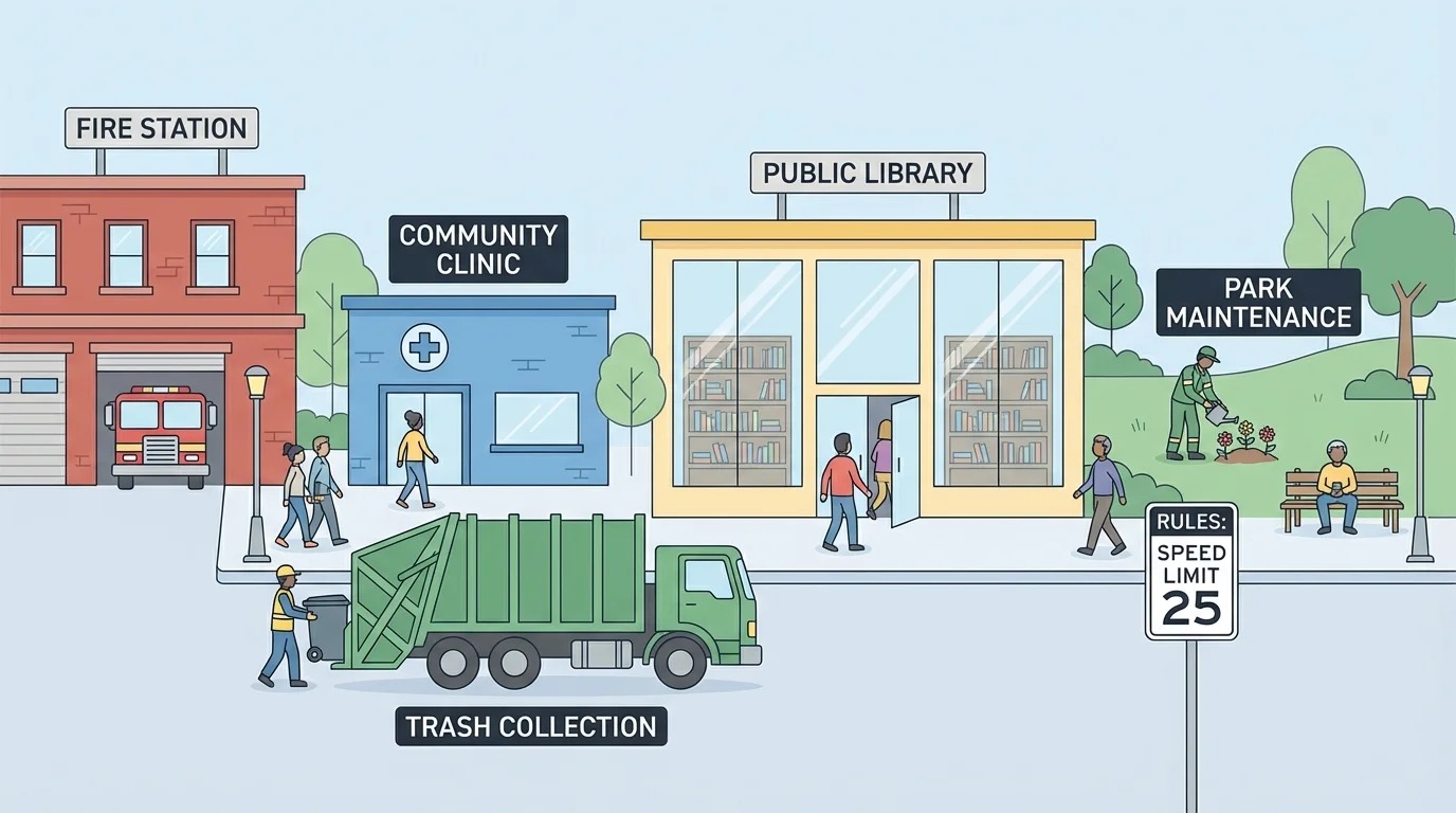 labeled community scene with a fire station, library, clinic, trash truck, park worker, and residents using these services