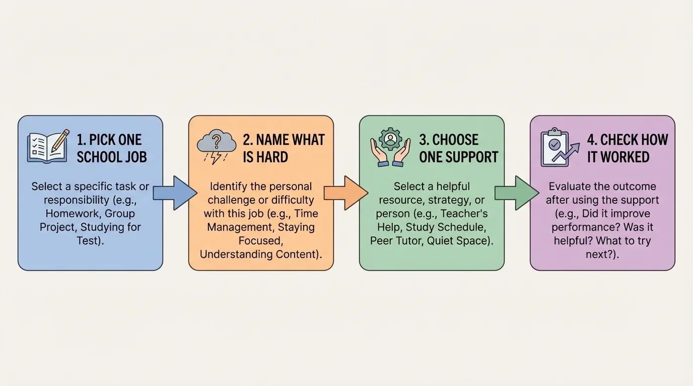 flowchart showing four boxes: pick one school job, name what is hard, choose one support, check how it worked