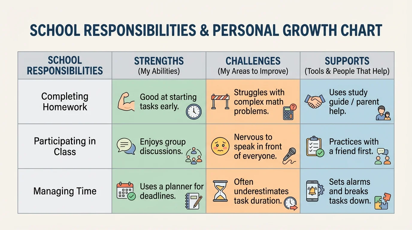 chart with rows for school responsibilities and columns labeled strengths, challenges, and supports, filled with simple example entries for a child