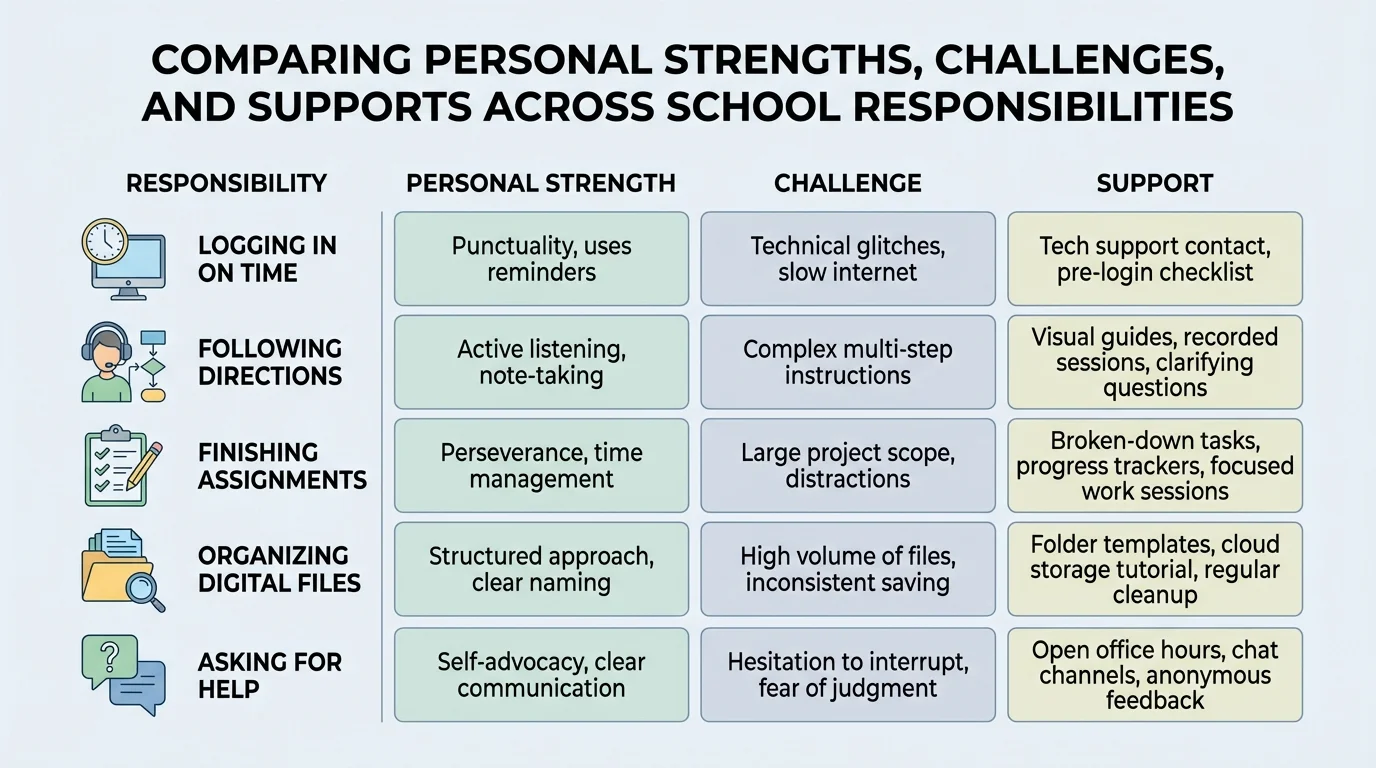 chart showing online school responsibilities such as logging in on time, following directions, finishing assignments, organizing digital files, and asking for help, with small icons for each