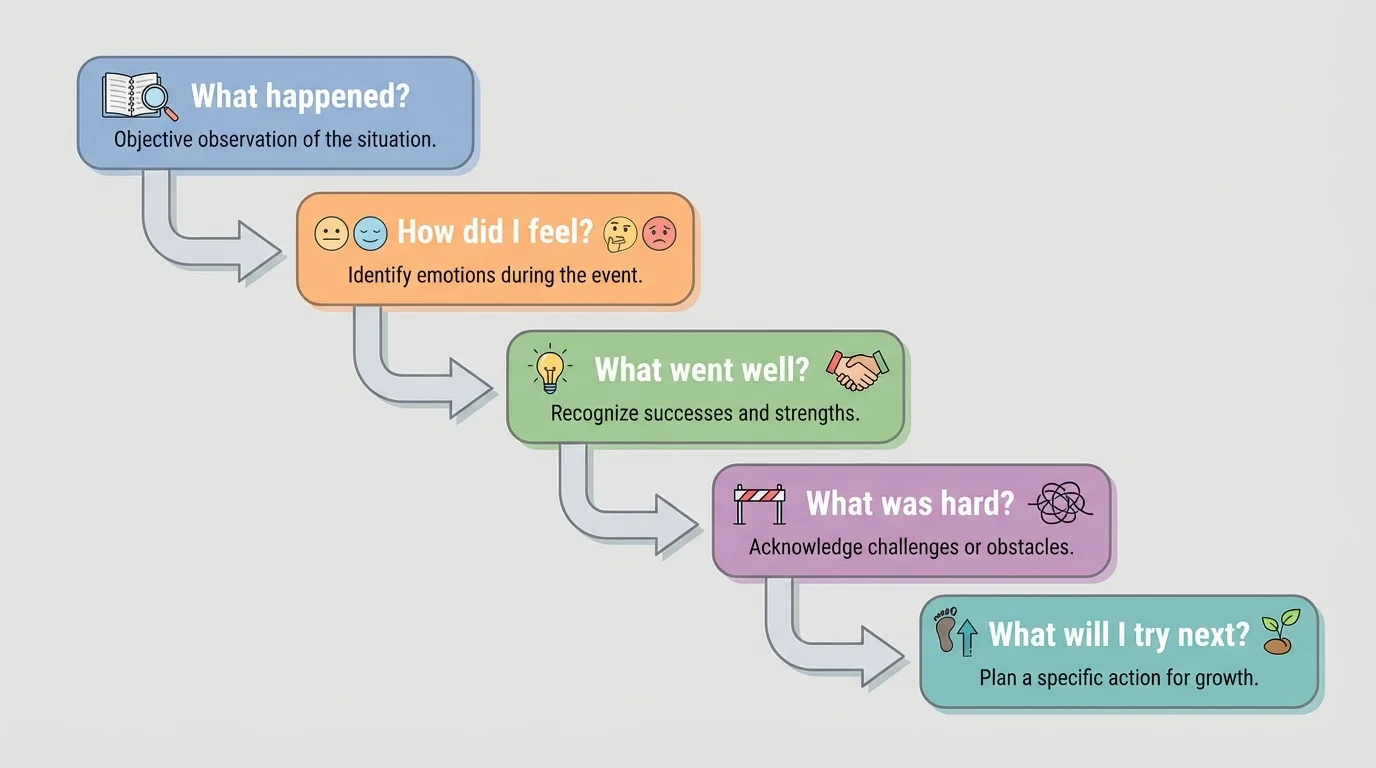 Reflection routine with boxes labeled What happened?, How did I feel?, What went well?, What was hard?, What will I try next?, connected by arrows
