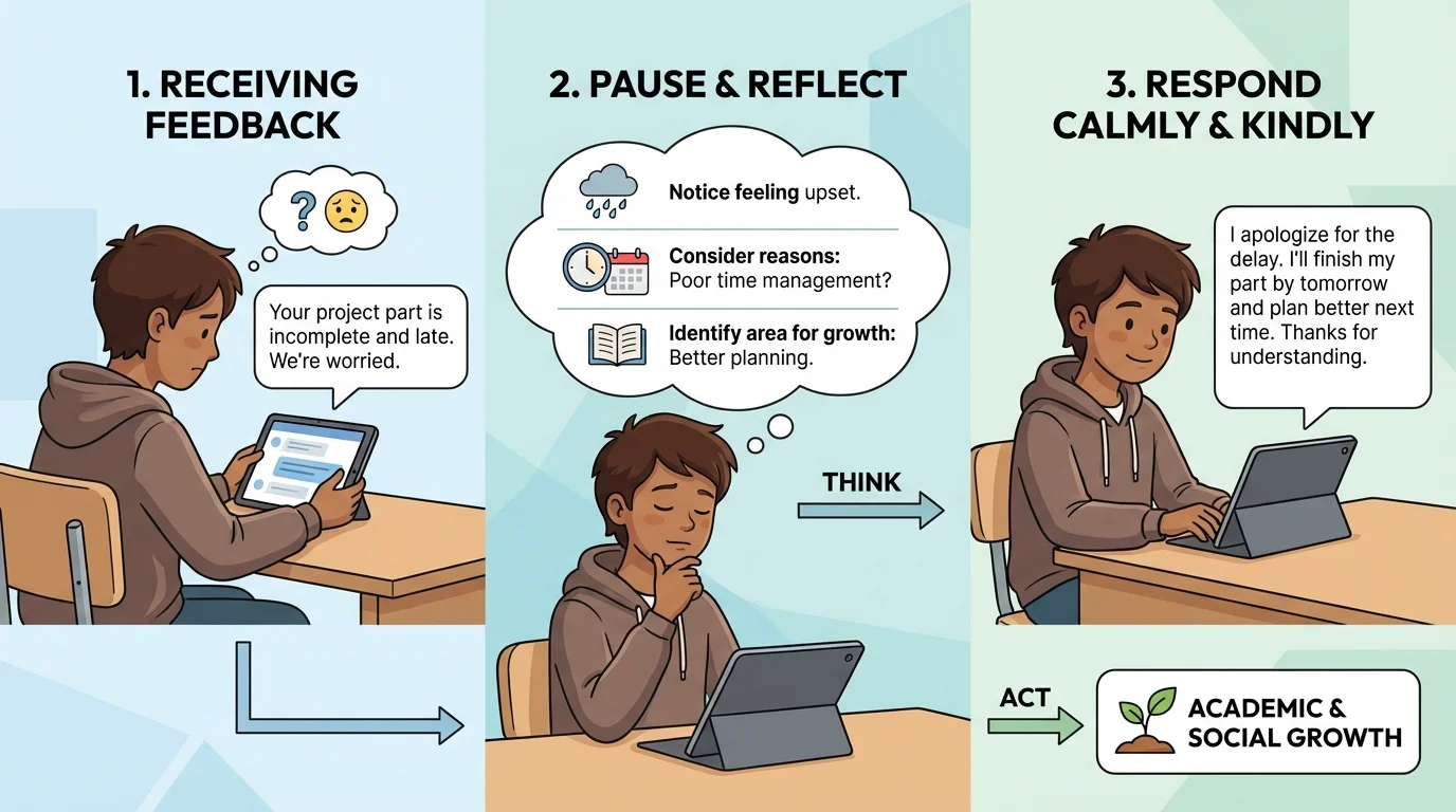 Student reading a message on a tablet, pausing to think, noticing feeling upset, then sending a calm kind reply; simple arrows show pause-think-respond sequence