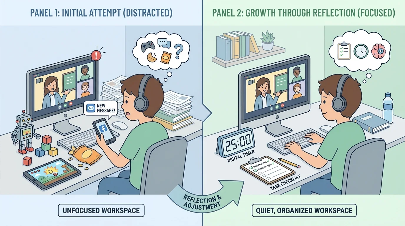 Two-panel scene of an online student first distracted by toys or notifications during classwork, then later using a timer, checklist, and quiet workspace to complete work successfully