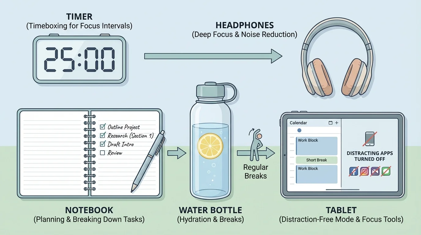 Home desk setup with timer, notebook, water bottle, headphones, and tablet with distracting apps turned off