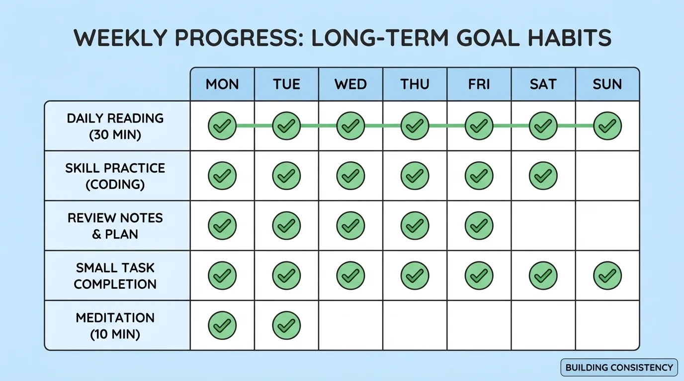 Weekly progress chart with boxes checked across days for a longer goal like reading chapters or practicing skills