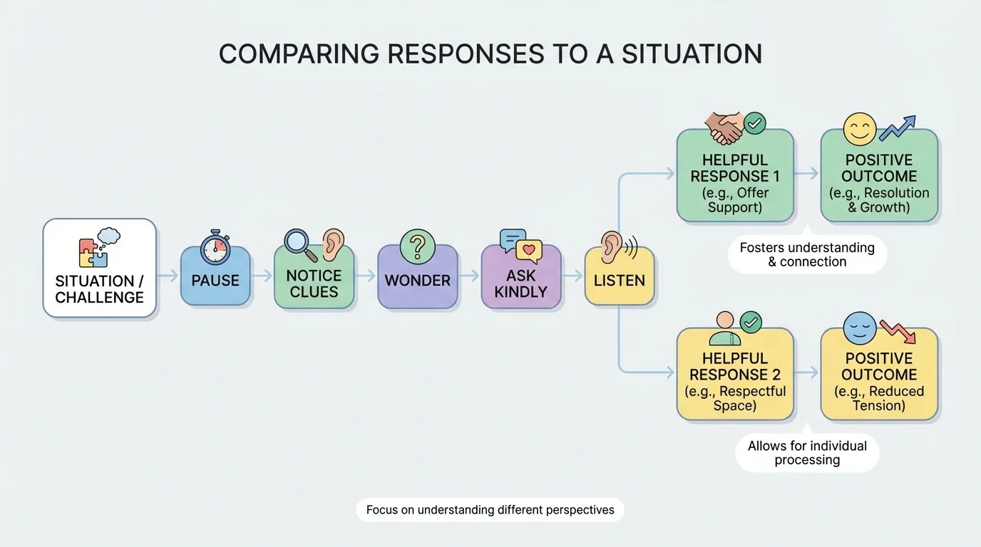 Flowchart with steps pause, notice clues, wonder, ask kindly, listen, choose a helpful response