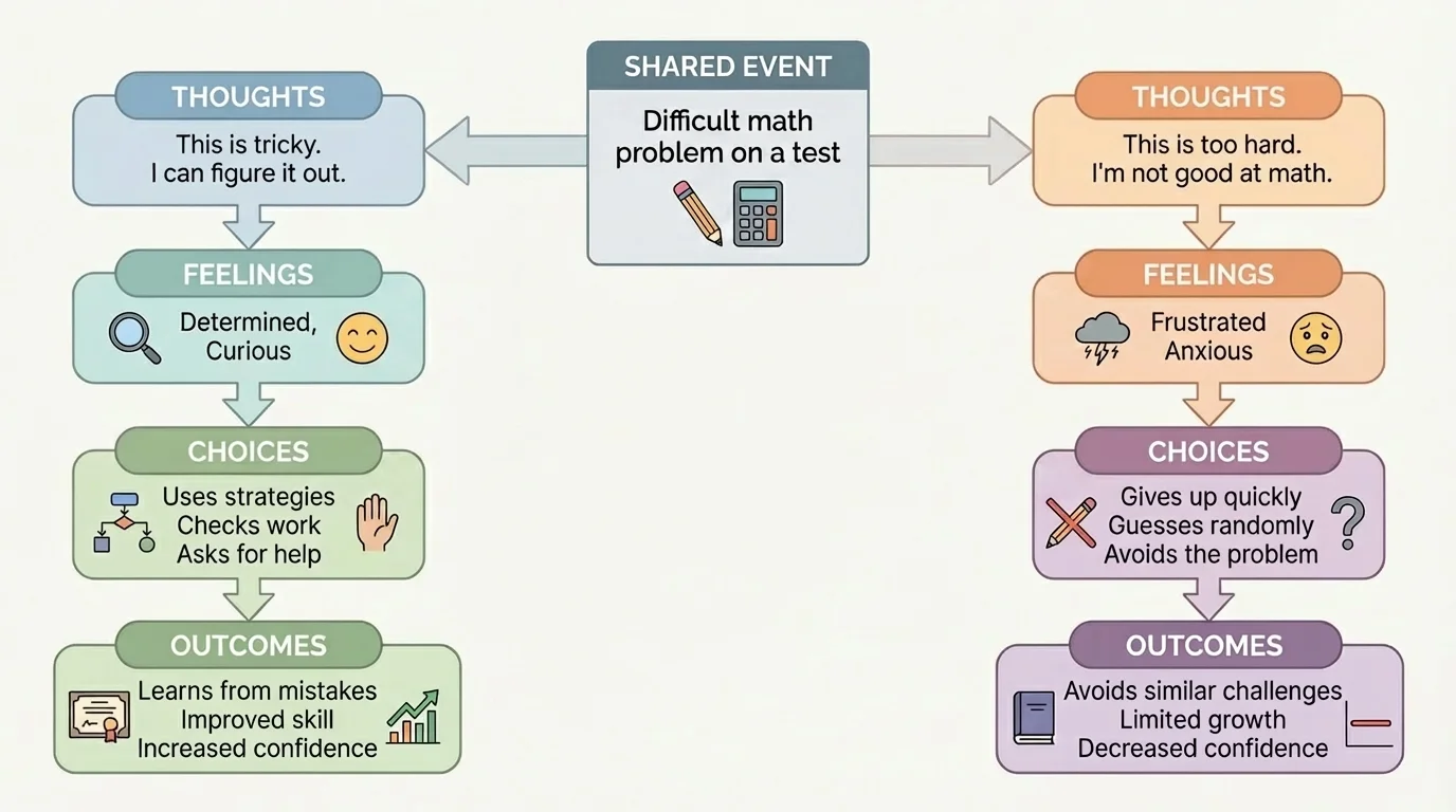 Flowchart showing one shared event leading to different thoughts, feelings, choices, and outcomes for two children