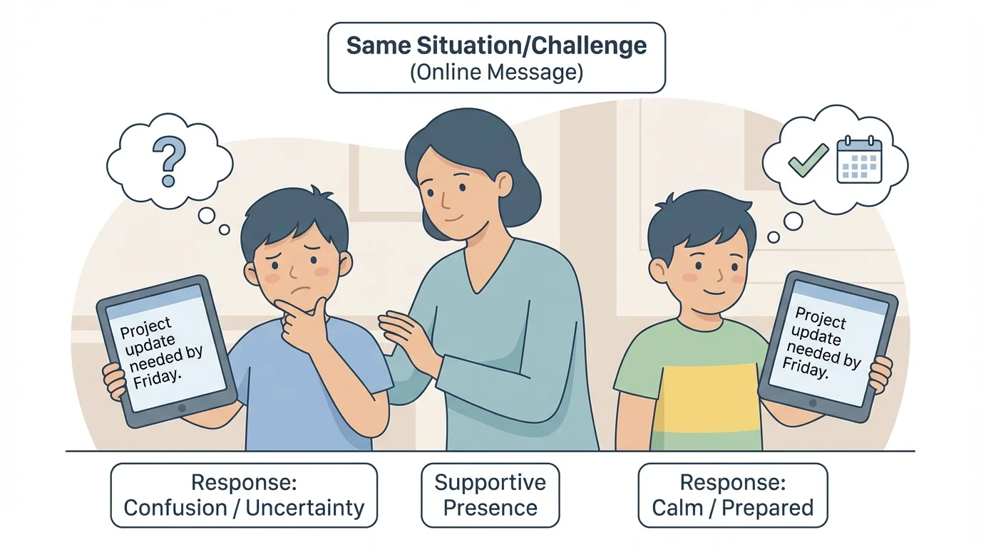 Illustration of two children reading the same short online message, one looking confused and one looking relaxed, with a parent nearby for support