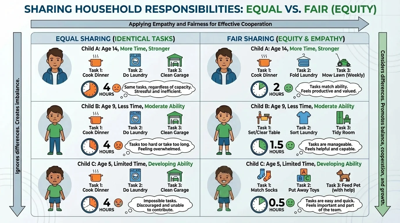 chart comparing equal sharing and fair sharing of household tasks among three children with different ages, time, and abilities