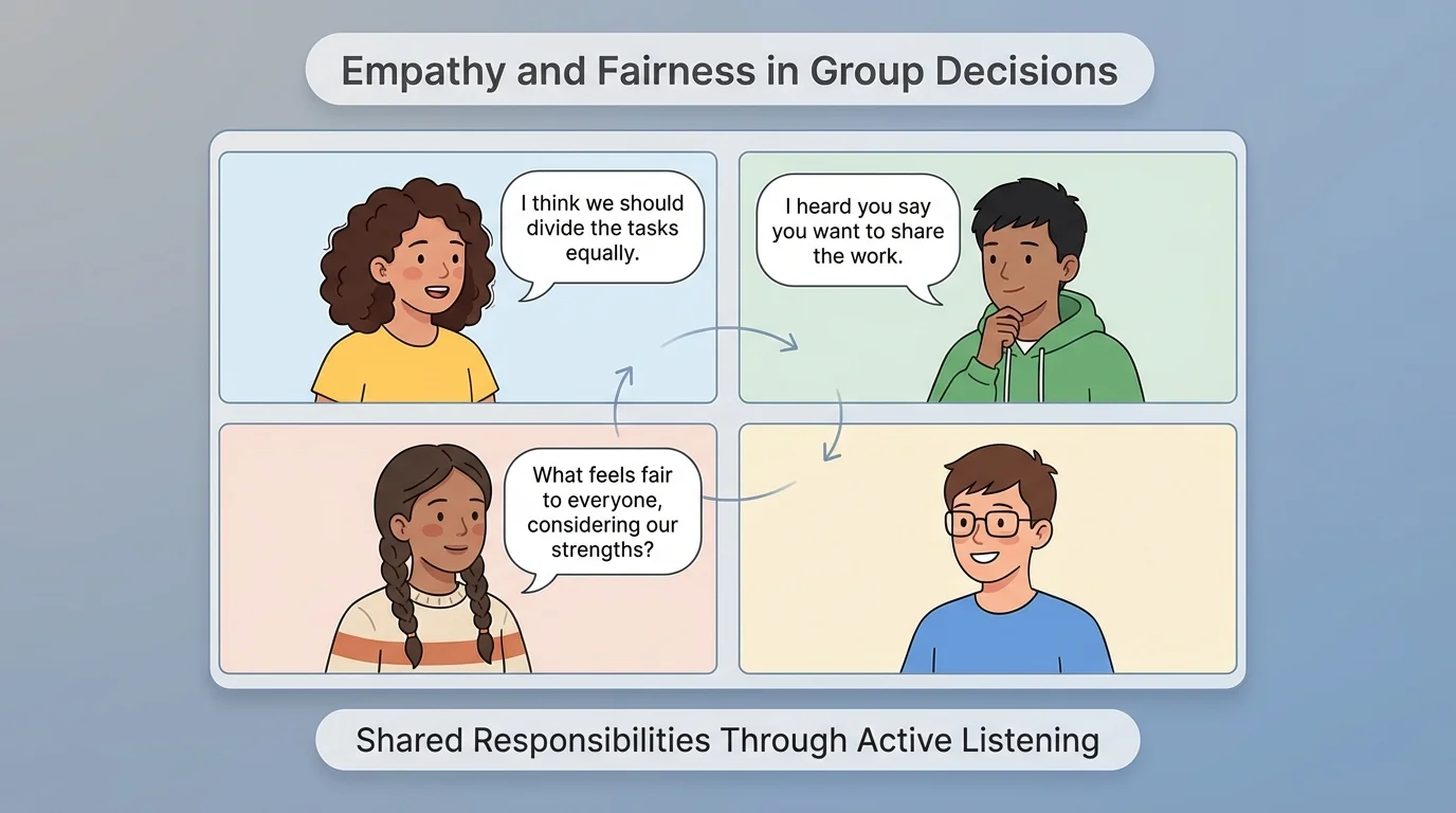 video call scene with children taking turns speaking, speech bubbles saying I think, I heard you say, and What feels fair to everyone