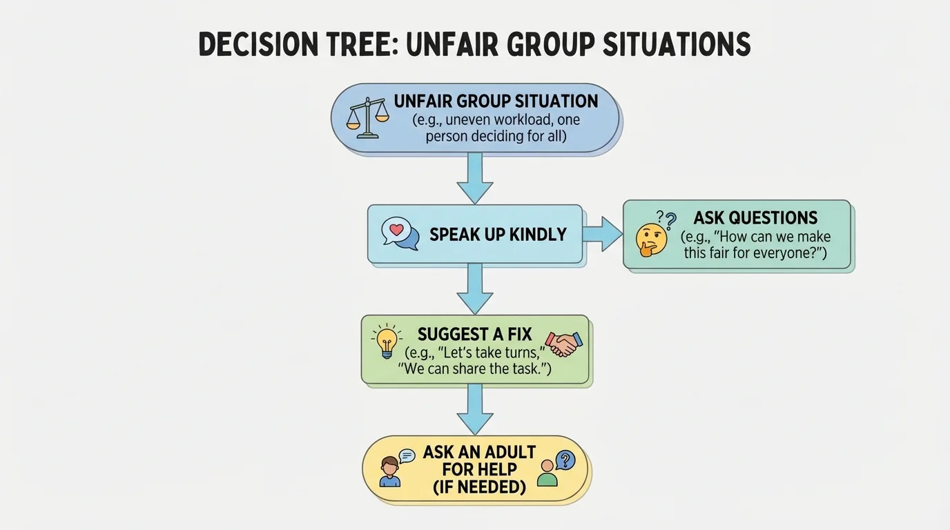 decision tree for unfair situations with steps speak up kindly, ask questions, suggest a fix, and ask an adult for help if needed