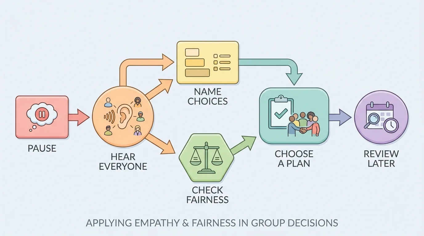 flowchart showing group decision steps pause, hear everyone, name choices, check fairness, choose a plan, review later