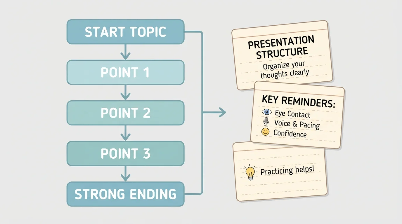 child-friendly flowchart showing a short presentation structure with boxes labeled start topic, point 1, point 2, point 3, and strong ending, plus simple note cards beside it