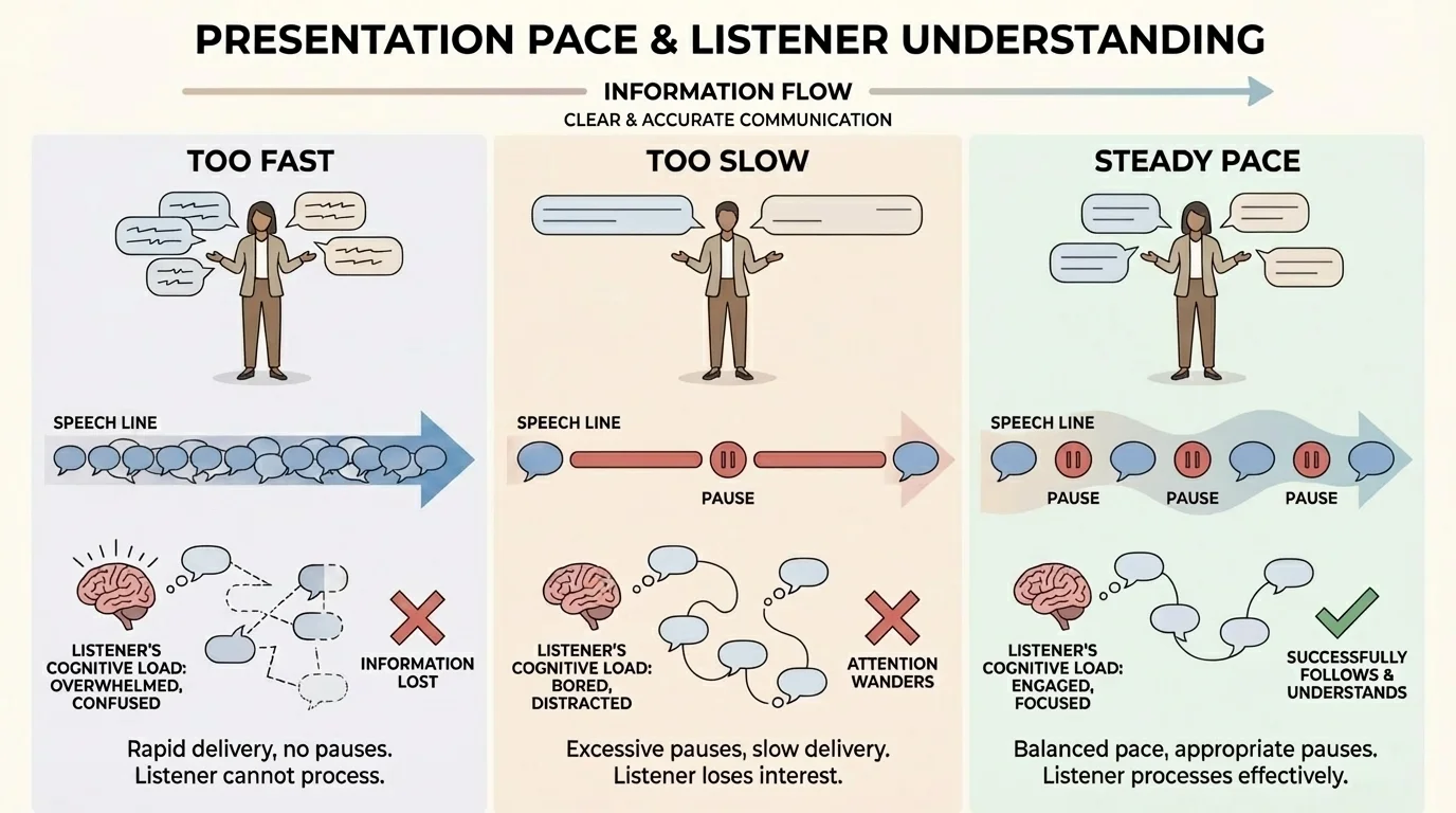 comparison chart with three columns labeled too fast, too slow, and steady pace, using short speech lines and pause marks to show how listeners follow information