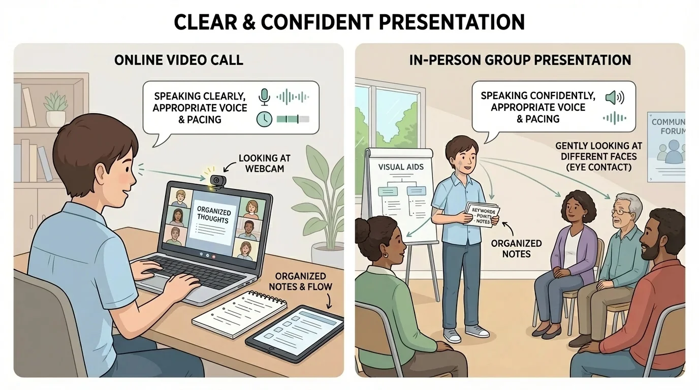 split illustration showing a student speaking on a laptop video call while looking at the webcam, and the same student speaking to a small community group while gently looking at different faces