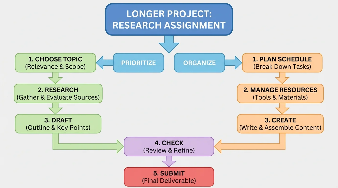flowchart showing a big project title split into smaller steps such as choose topic, research, draft, create, check, submit
