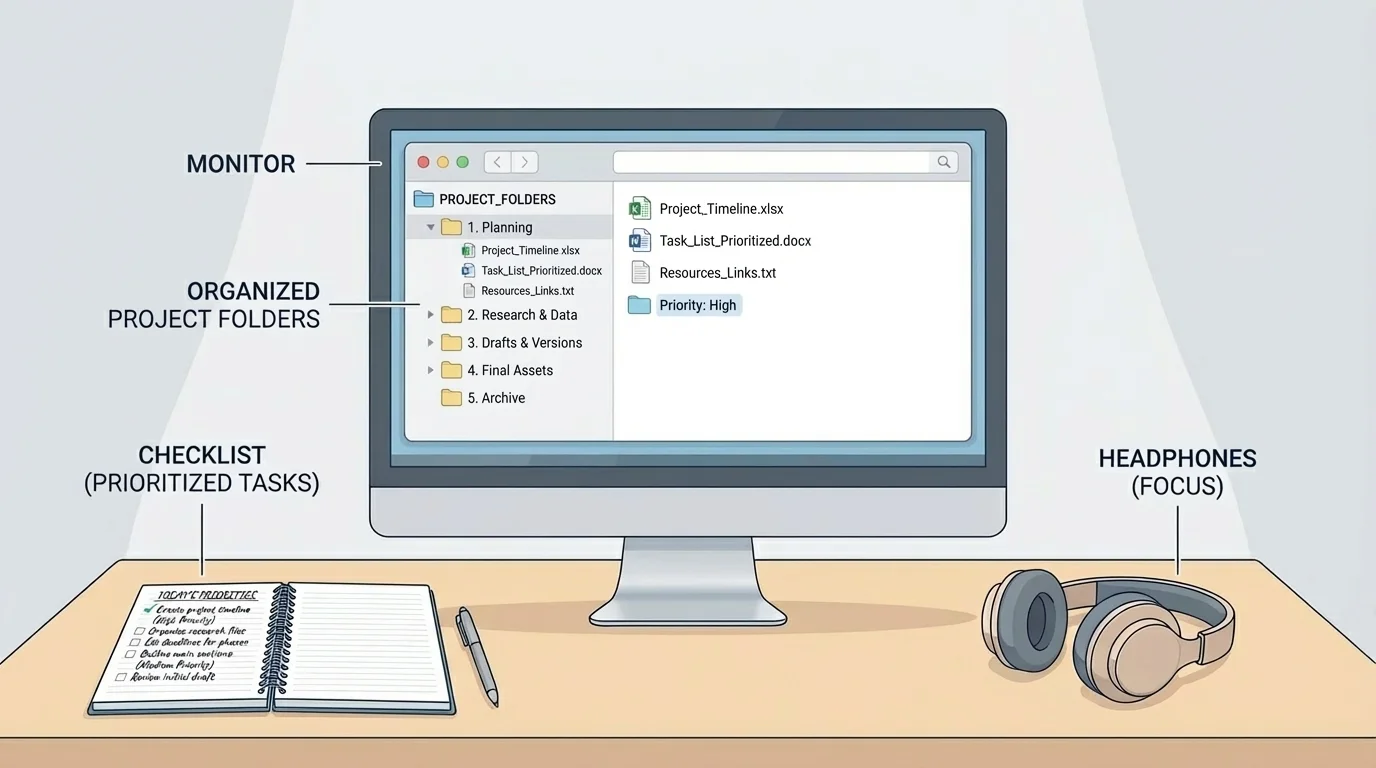 illustration of a home desk with notebook, checklist, headphones, and computer screen showing neatly named project folders