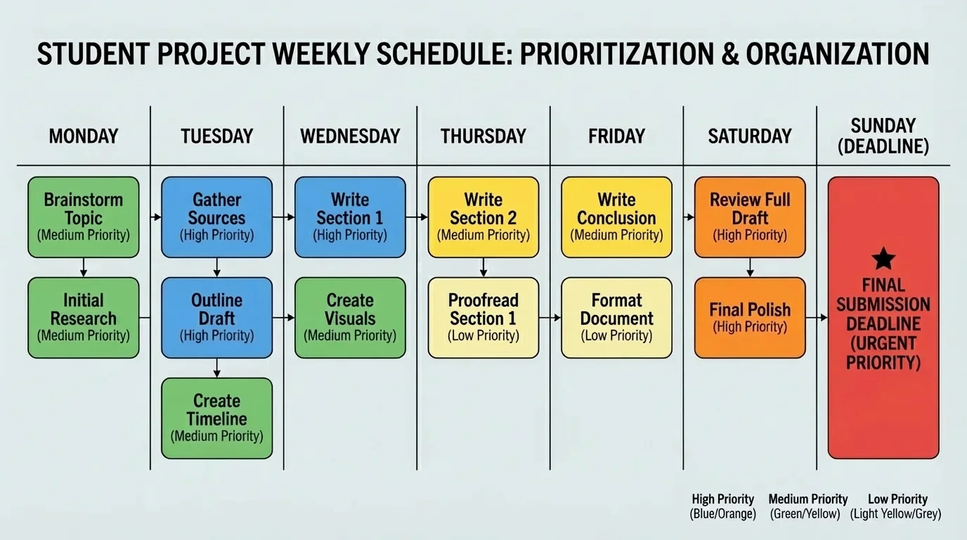 chart showing a Monday-to-Sunday student project schedule with small tasks on each day and the deadline highlighted