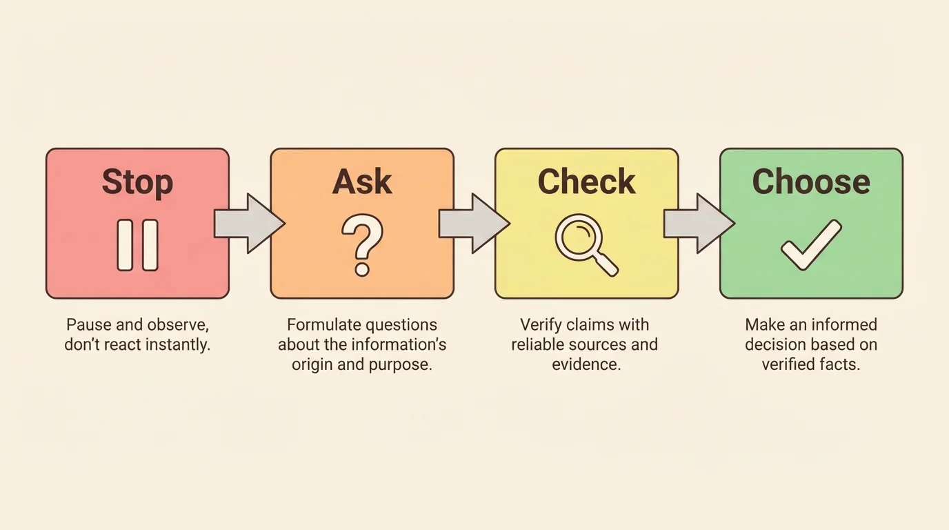 Four-step flowchart with boxes labeled Stop, Ask, Check, Choose and arrows between them, with small icons for pause, question mark, magnifying glass, and check mark