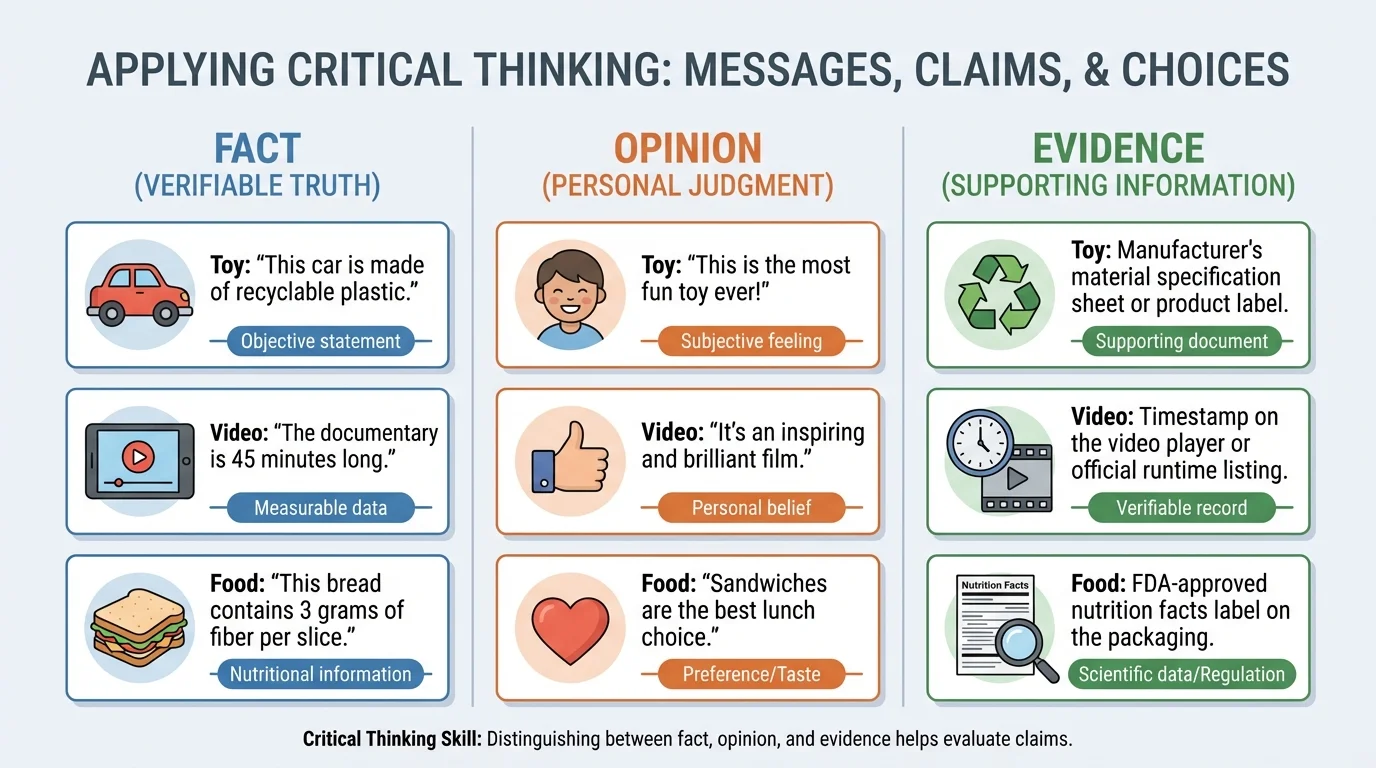 Chart with three columns labeled Fact, Opinion, Evidence and short examples about a toy, a video, and a food choice