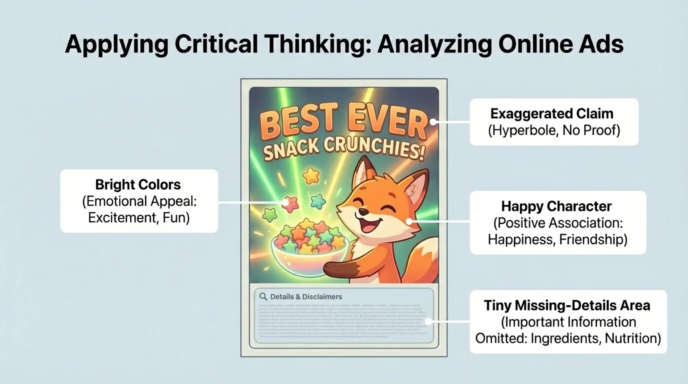 Illustration of a kid-focused online ad for a snack with labels pointing to bright colors, 'best ever' wording, happy character, and tiny missing-details area