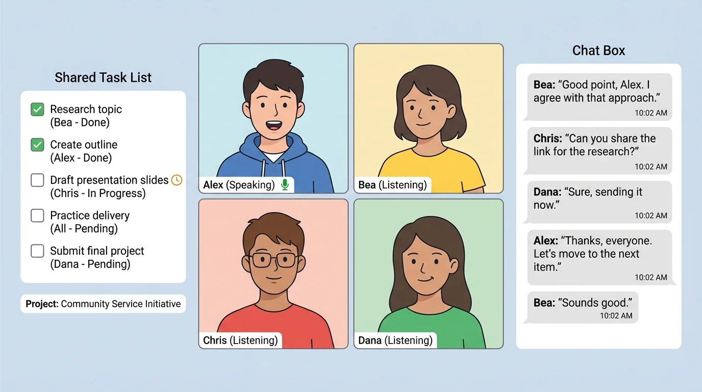 small group on a video call taking turns, one student speaking, others listening, chat box with polite messages, and shared task list