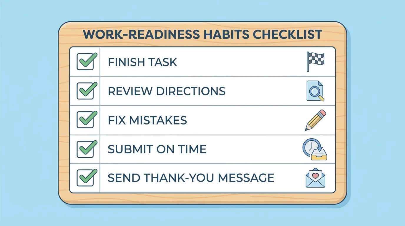checklist showing finish task, review directions, fix mistakes, submit on time, and send thank-you message